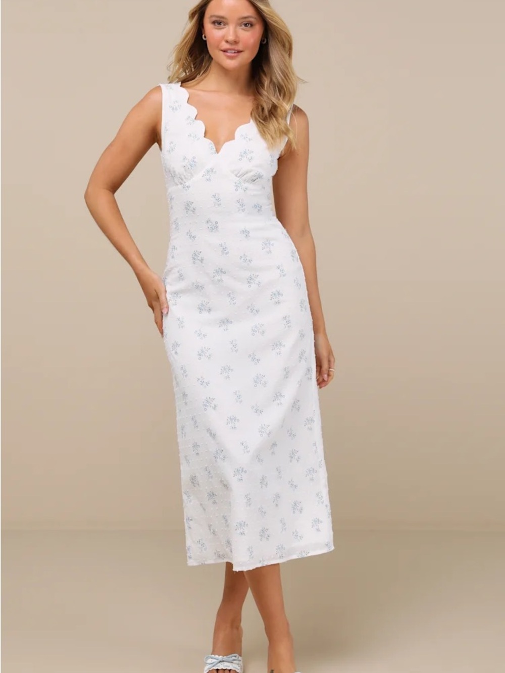 Cottage core  Lulu’s white Swiss Dot Dress with Blue Floral Print